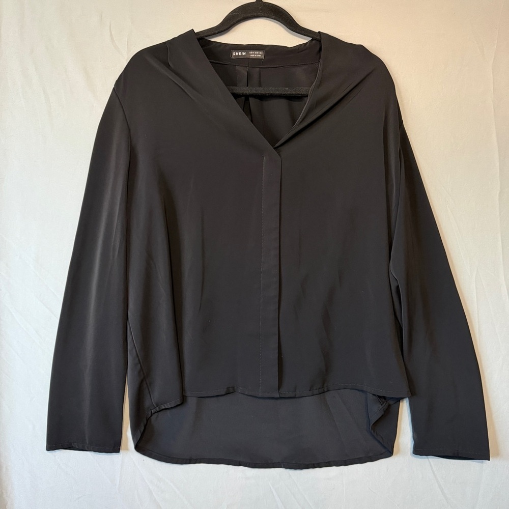 Shein Womens V Neck Blouse Size Medium Black Office Career Work High Low Hem